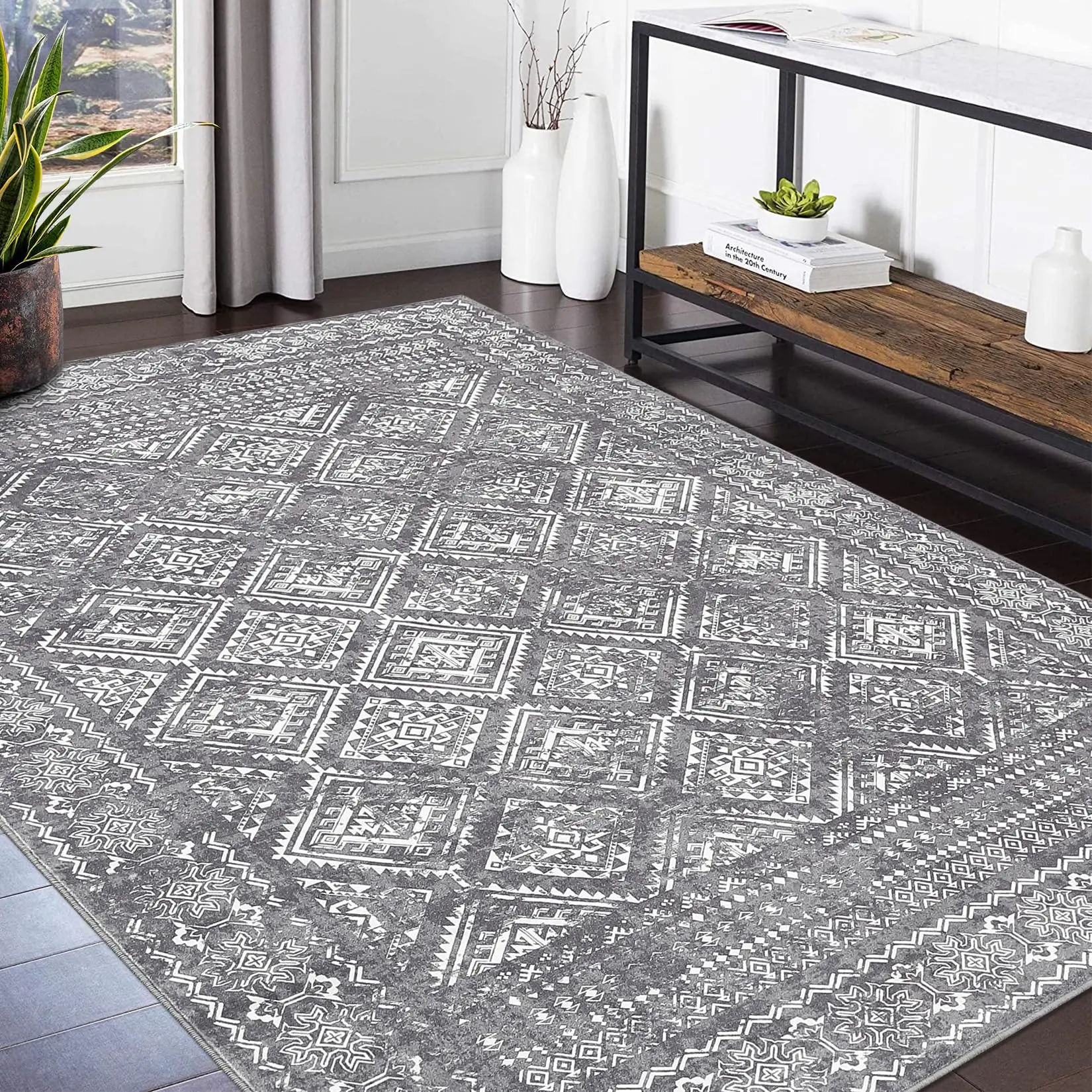 【GARVEE】Large 9x12 Moroccan Area Rug - Washable, Soft Vintage Design with Non-Slip Backing, Ideal for Living Room, Bedroom, Nursery, Playroom, Home Office, Foldable and Thin Grey Carpet