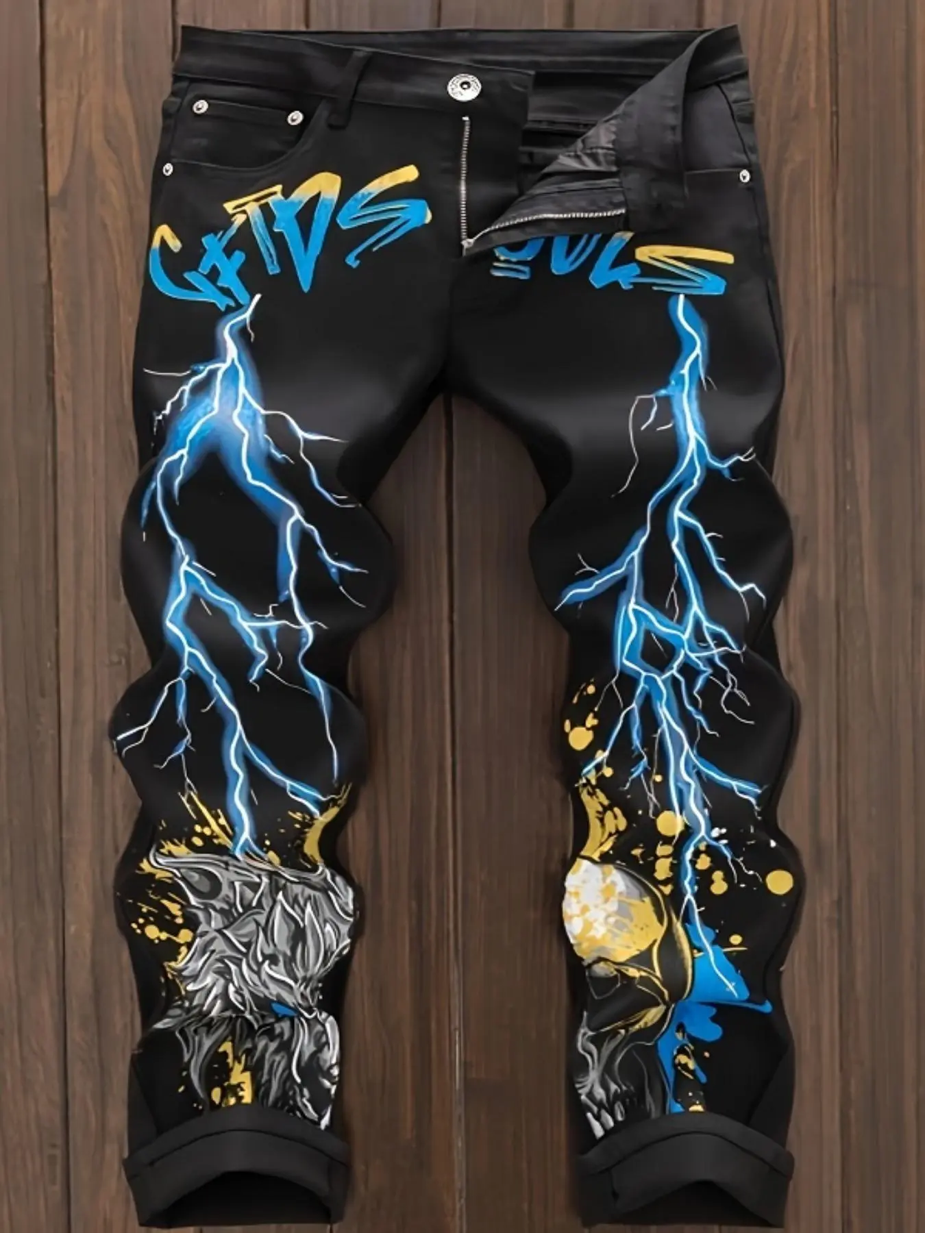 Men's Graphic  Print Zip Up   Jeans, Casual Comfy Denim Jeans for Daily Wear, Fashion Men's Bottoms for All Seasons, Comfy Fit Pants, Printed Pants