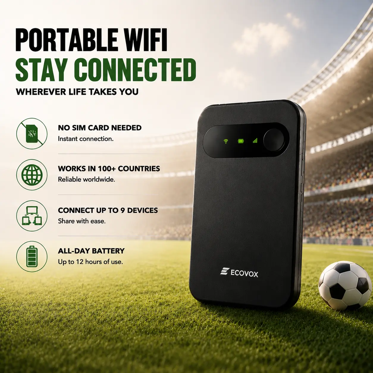 【ECOVOX】 Portable WiFi Hotspot 802.11.a Digital Product, Global WiFi-6 4G LTE Mini Hotspot Pocket Wi-Fi, Pay-As-You-Go Wireless Internet, No SIM Card/Contract, Auto Switch Network, 9-Device Connectivity, Free 1GB Local Data for Travel, Camping