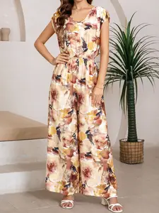 Women's Fashion Style Floral Print V-Neck off Shoulder Short Sleeve Oversized Jumpsuit, Womenswear, Spring Summer New Design, Ultra-Large Leg Pants