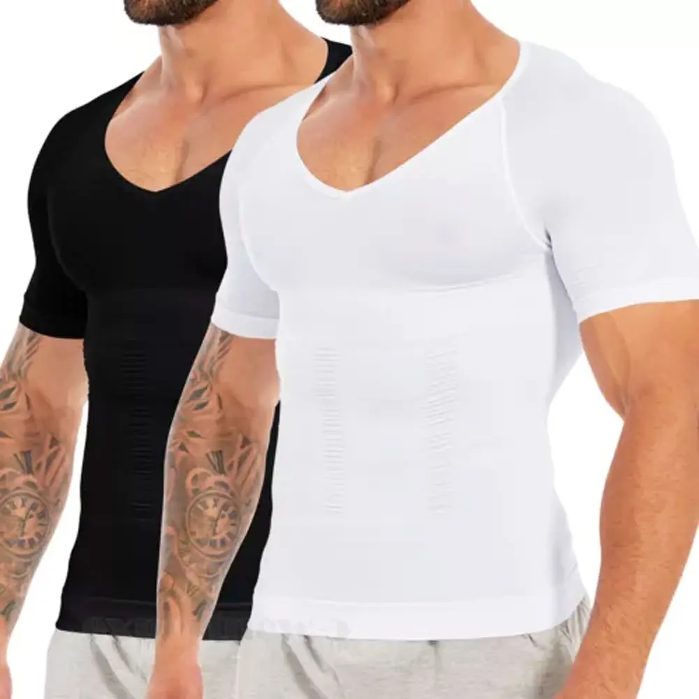 CATTIBOR 1/2 Pack Men's Shaping Shirt Short Sleeve,Men V Neck Shirt Shapewear,Men Sport Vest Tank Tops For Workout Running,Menswear Undershirt For All Seasons Workout Clothes