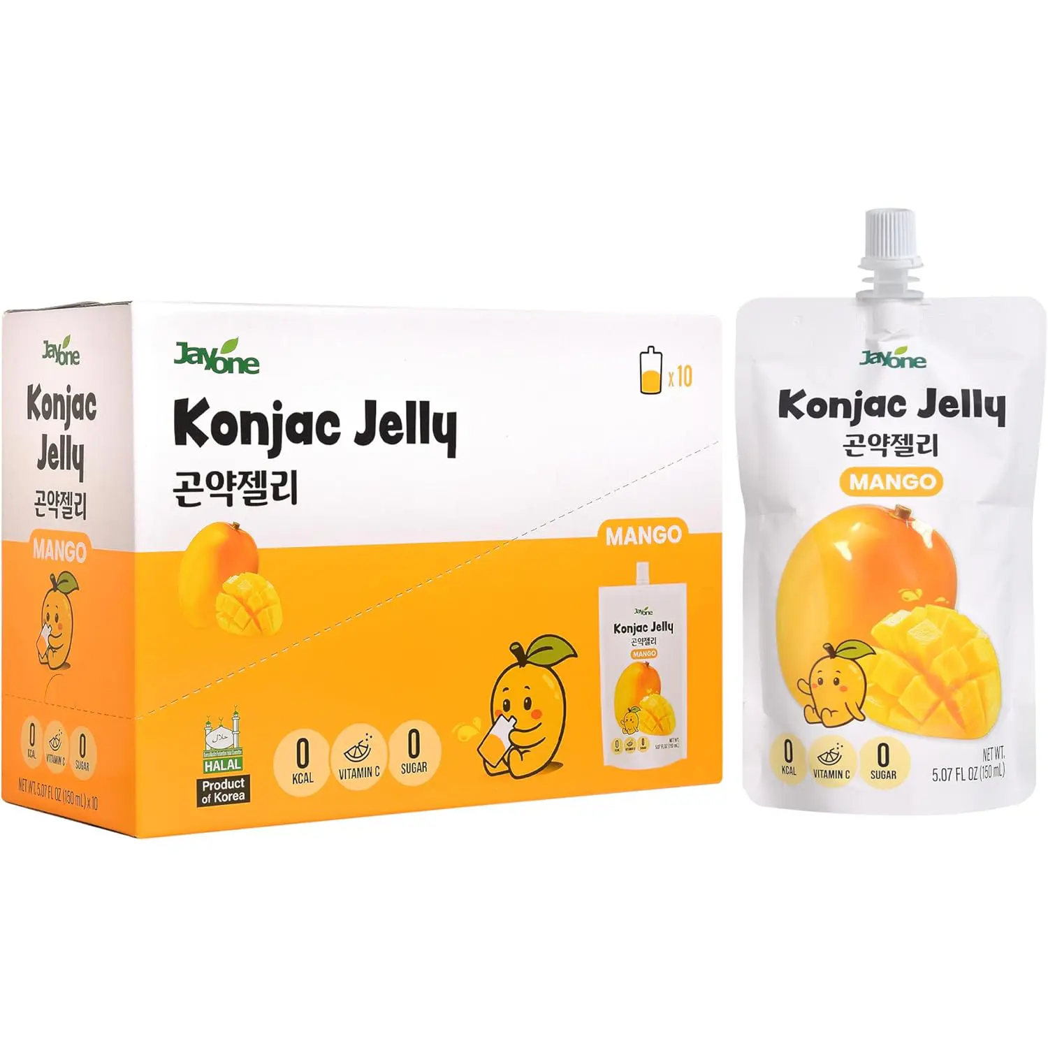 Jayone Konjac Jelly Mango Flavor, 10 Pack, 5.07 fl oz Squeeze Pouches, 0 Calories, 0g Sugar, Vitamin C, Halal, Product of Korea