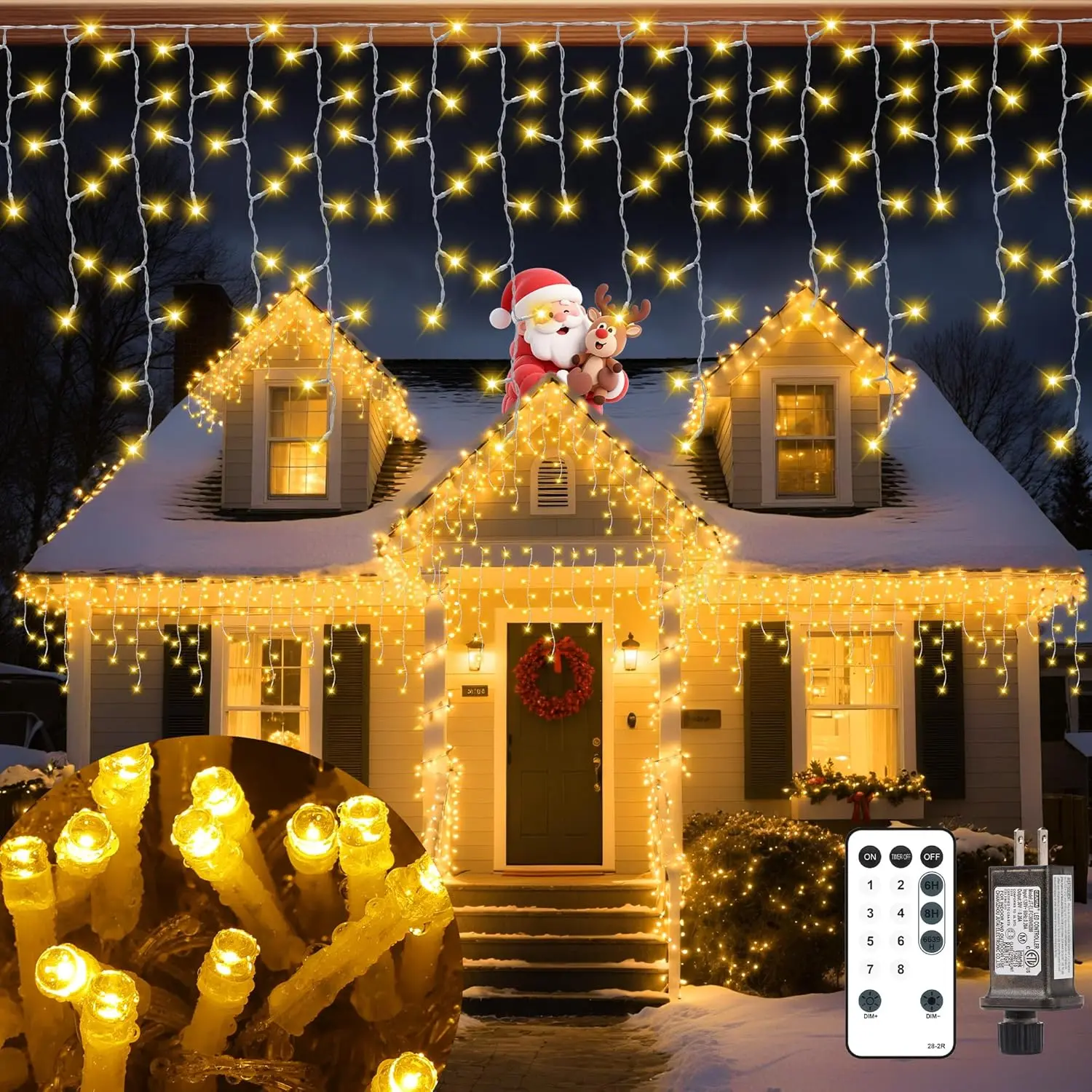 Transparent Outdoor Christmas Ice Lights, Warm White 33FT 306-LED Plug-In String Lights with 8 Modes, Remote, Timer Memory for Roofline, Yard, Party Decor, Magical