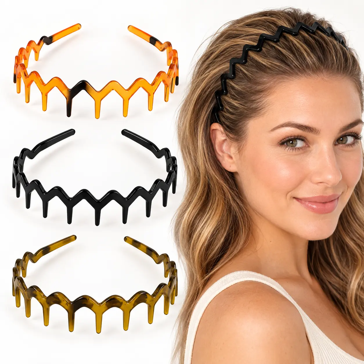 Women's 3 PCs Tortoise Shell Black Zig-Zag Headbands, Stylish Comfortable Hair Accessories for Slicked-Back Styles, 90s Outfits, Straight & Curly Hair, Zig Zag Headband