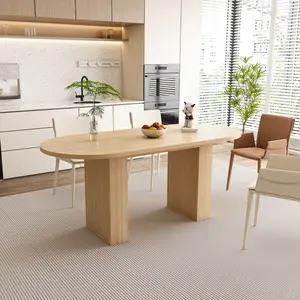 62.9-Inch Oval Shape Dining Table with Natural Finish, Wooden Strips Base, Large Pedestal Design, Farmhouse 6-Person Kitchen Table, Indoor Living Space Furniture