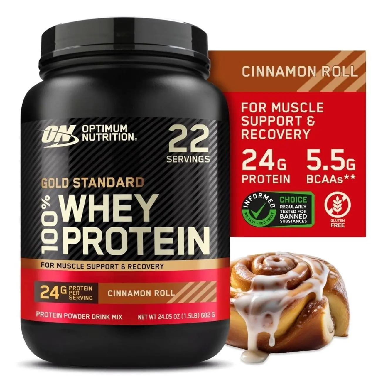 (Select for More Options) Optimum Nutrition Gold Standard 100% Whey Protein Powder, Cinnamon Roll, 1.5 lb Tub, 22 Servings Supplement Fitness Healthcare
