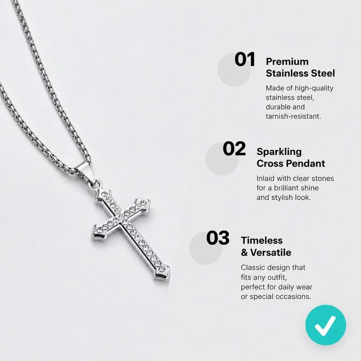 Classic Silver Cross Necklace  The Timeless Iced Cross  | Polished Silver Pave CZ Diamond Pendant | Fine Box Chain | Unisex Design | Ships Fast from USA graduation gift Independence Day gifts