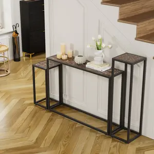 3 Piece Retro Marble Texture Console Table Set, 0.8mm Thick Metal Frame Particle Board Side Table, 55LBS Load Adjustable Foot Space Saving Narrow Corner Accent Table Easy Assembly for Entryway Sofa Living Room Balcony