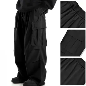 VV Selected — Men’s dark avant-garde parachute cargo pants, loose fit tactical pants with dropped crotch and drawstring hem, Y2K streetwear joggers for men, oversized utility bottoms for everyday wear and hip-hop style,summervibes