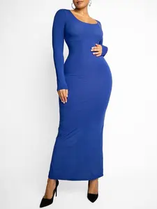 Light Shaping Abdomen Tightening Built-in Shapewear Dress - Royal Blue Crew Neck Long Sleeve Knee Length Maxi Dress with Tummy Control & Butt Enhancing Features  Womenswear