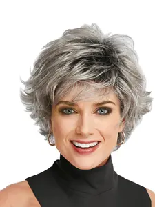 Women's Gradient Silver Color Short Curly Wig, Daily Wear Full Headset Wig, Straight Design, Straight Synthetic Hair Wig, All Seasons, 1pc