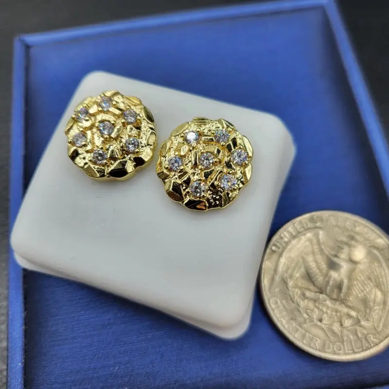Women's Metal Plated Nugget Stud Earrings Set - 8mm/10mm/12mm/14mm/16mm, Rhinestone/CZ Accents, Gold Aesthetic, Adjustable, Bulk, for Multiple Piercings, Christmas Boujee Gift, Exquisite Trendy Greenish Spring Style, Metal Plated Earrings