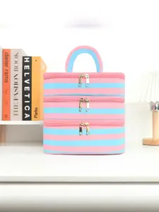 Pink Green Striped 3-Layer Cosmetic Bag, Portable Travel Makeup Organizer, Zipper Closure Toiletry Bag with Handle, Large Capacity Daily & Vacation Storage Pouch
