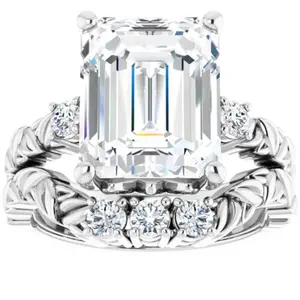 5 1/2 Ct Diamond & Emerald Cut Moissanite Petite Leaf Engagement Set in 10k Gold