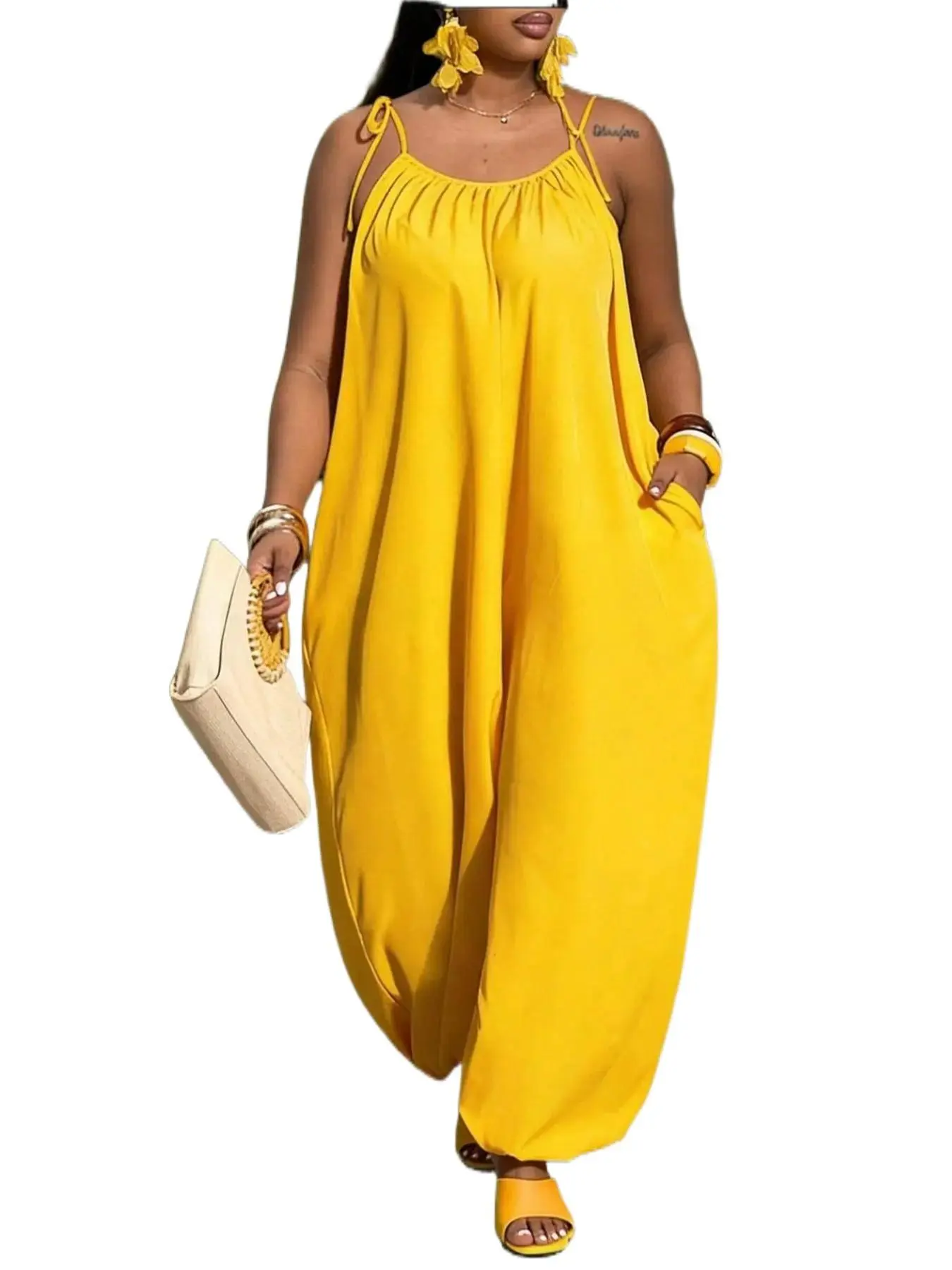 Plus Size Loose Strap Romper Sleeveless Wide Leg with Pockets Casual Daily Wear Summer Jumpsuit