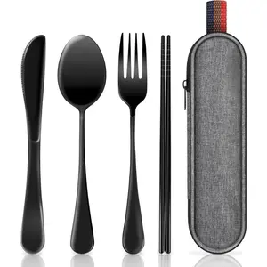 Travel Utensils with Case, Portable Silverware Set for Work, Stainless Steel Reusable Travel Cutlery Set, Fork and Spoon Set for Camping, Picnic, Gadgets, Lunch Box for Men, Black