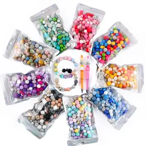 110PCS Mix Silicone Beads Set,12mm 15mm Round Beads,Hexagonal beads,Lentil Beads,Rhinestone Spacer Beads for keychain Making,Beaded Pens DIY Crafts