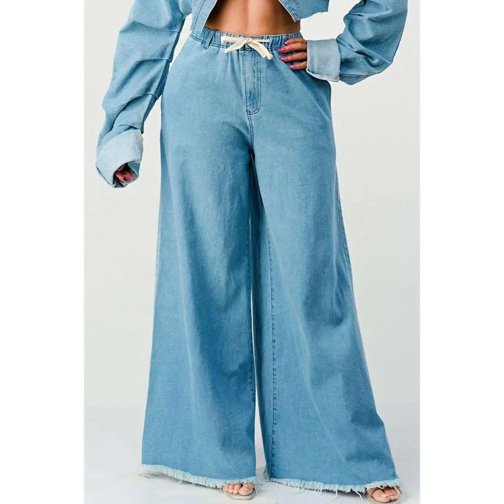 Breezy Blue Denim Palazzos - Women's High Waist Wide Leg Pants Comfort Fabric