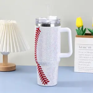 40 Oz Rhinestone Bling Tumbler Cup with Handle and Straw (White BASEBALL), Stainless Steel and Double Wall Insulated fathersdaygift