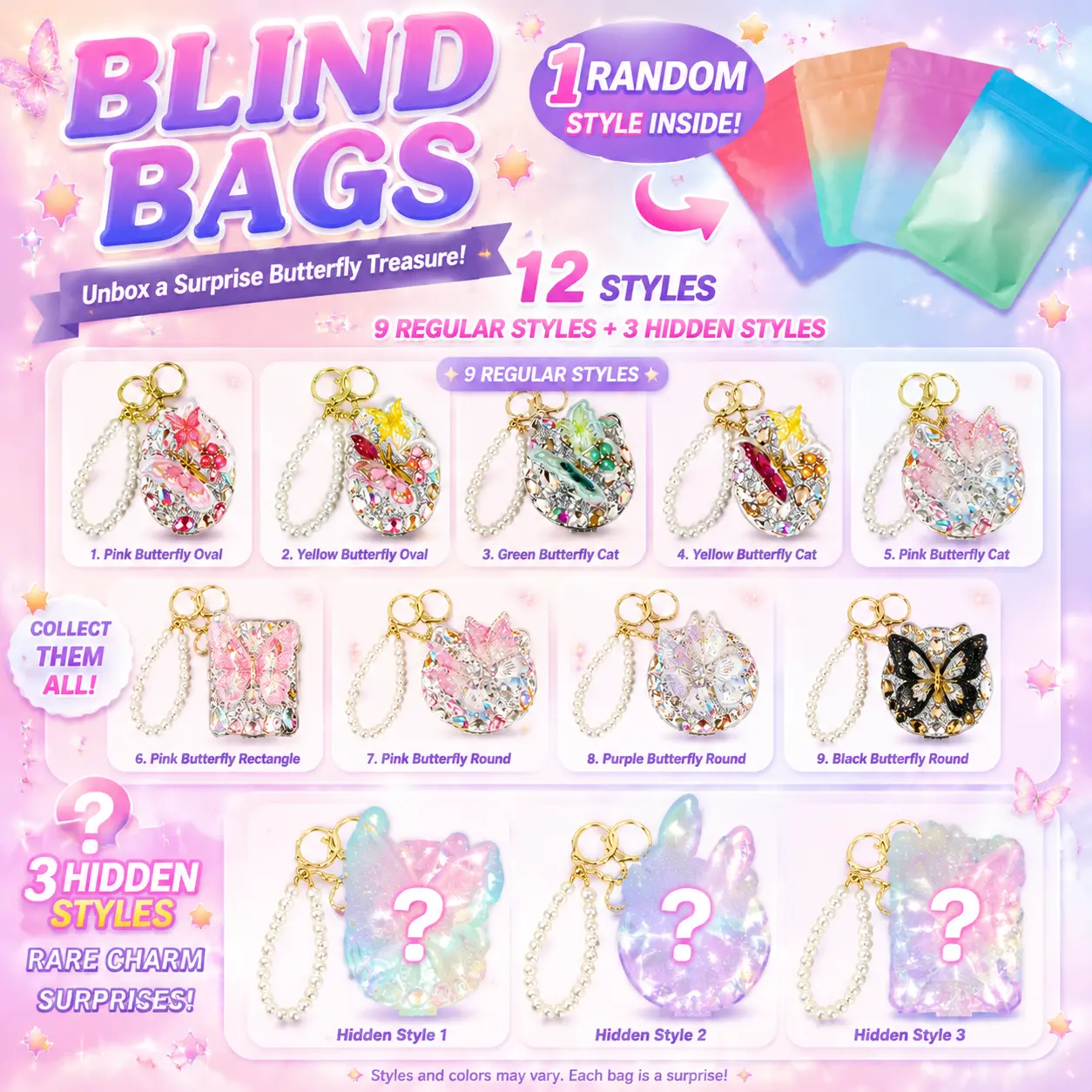 Sparkly Butterfly Charm Key Ring, 9 Styles + 3 Hidden Surprise Designs, Cute Gift for Girls