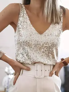 Women's Glitter Sequins V Neck Tank Top, Casual Fitted Sleeveless Style Top for Party Club Dating, Ladies Summer Clothes Womenswear