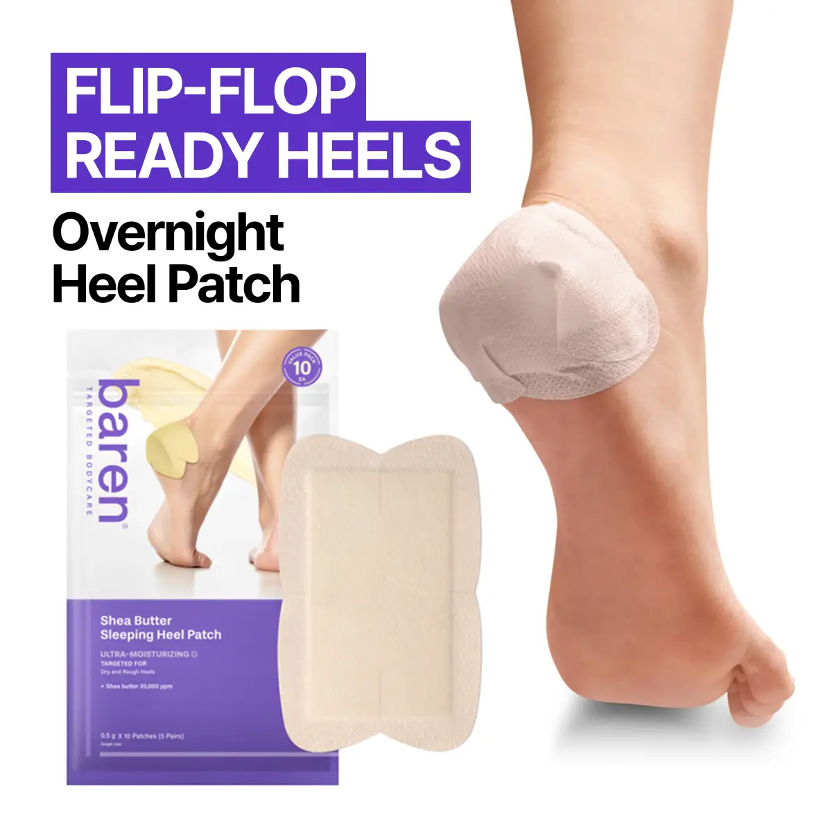 [BAREN] Shea Butter Sleeping Heel Patch (10pcs) - Foot Care, Cracked Heels, Dry Feet, Foot Treatment, Soothing