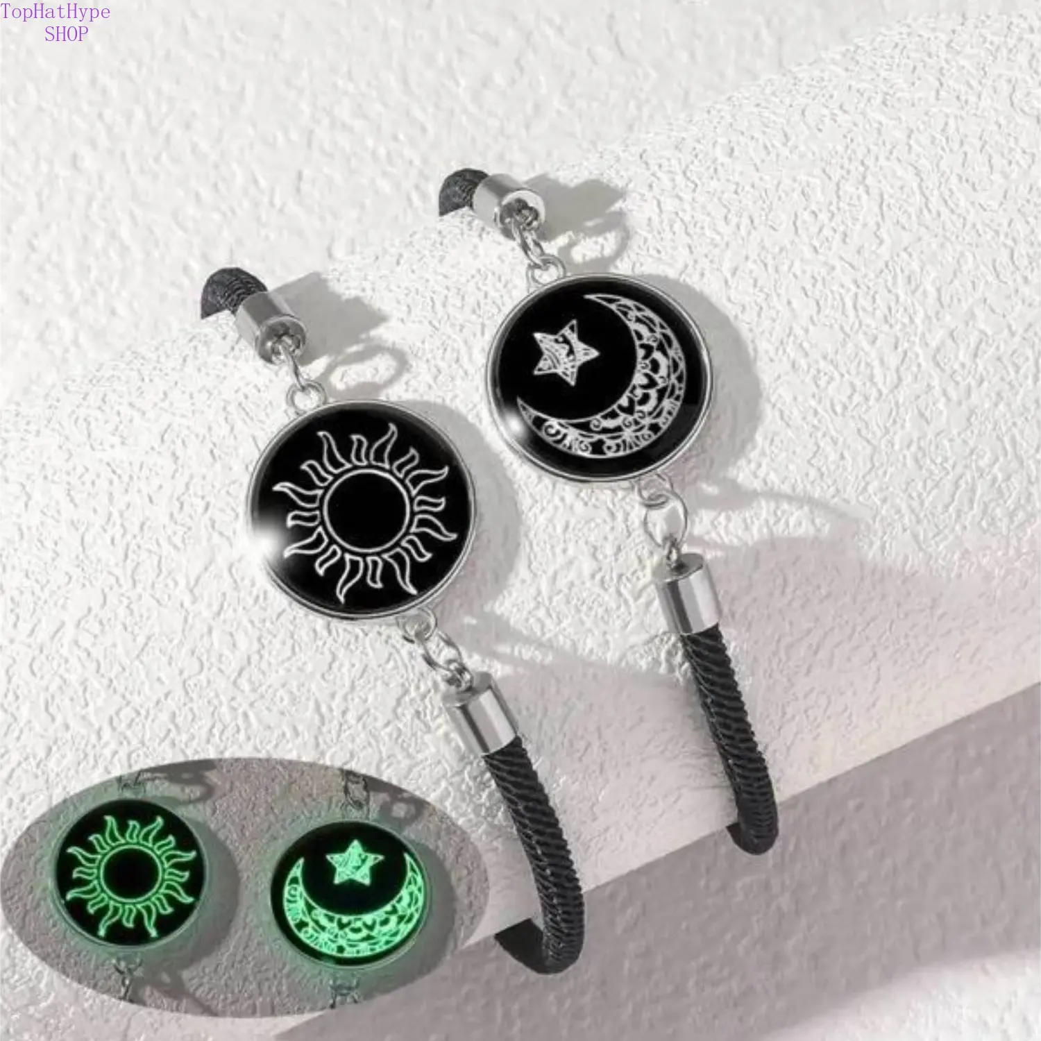 Bracelet Set with Sun and Moon Charms, Minimalist Glow-in-the-Dark Adjustable Bangles, Handmade Beaded Cord for Unisex Daily Wear, Beads, Handmade Cord