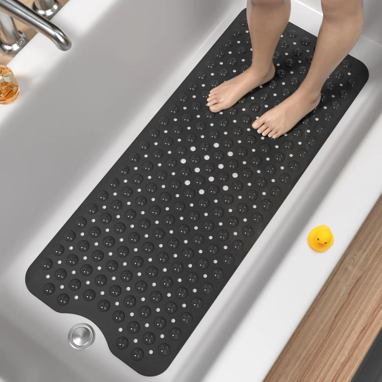 Non-Slip Extra Long Bathtub Mat (40x16 in) - Shower Mat with Suction Cups, Drain Holes, Machine Washable, Soft Barefoot Cushion, Available in Black, Gray, Blue, Clear for Bathrooms