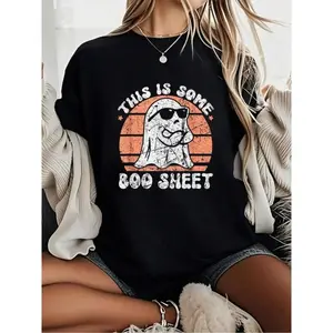 GGOR 100% Cotton Unisex Vintage This is Some Boo Sheet Funny Ghost Halloween T-Shirt -Short Sleeve T-Shirt Women's Graphic Tee Causal Tops