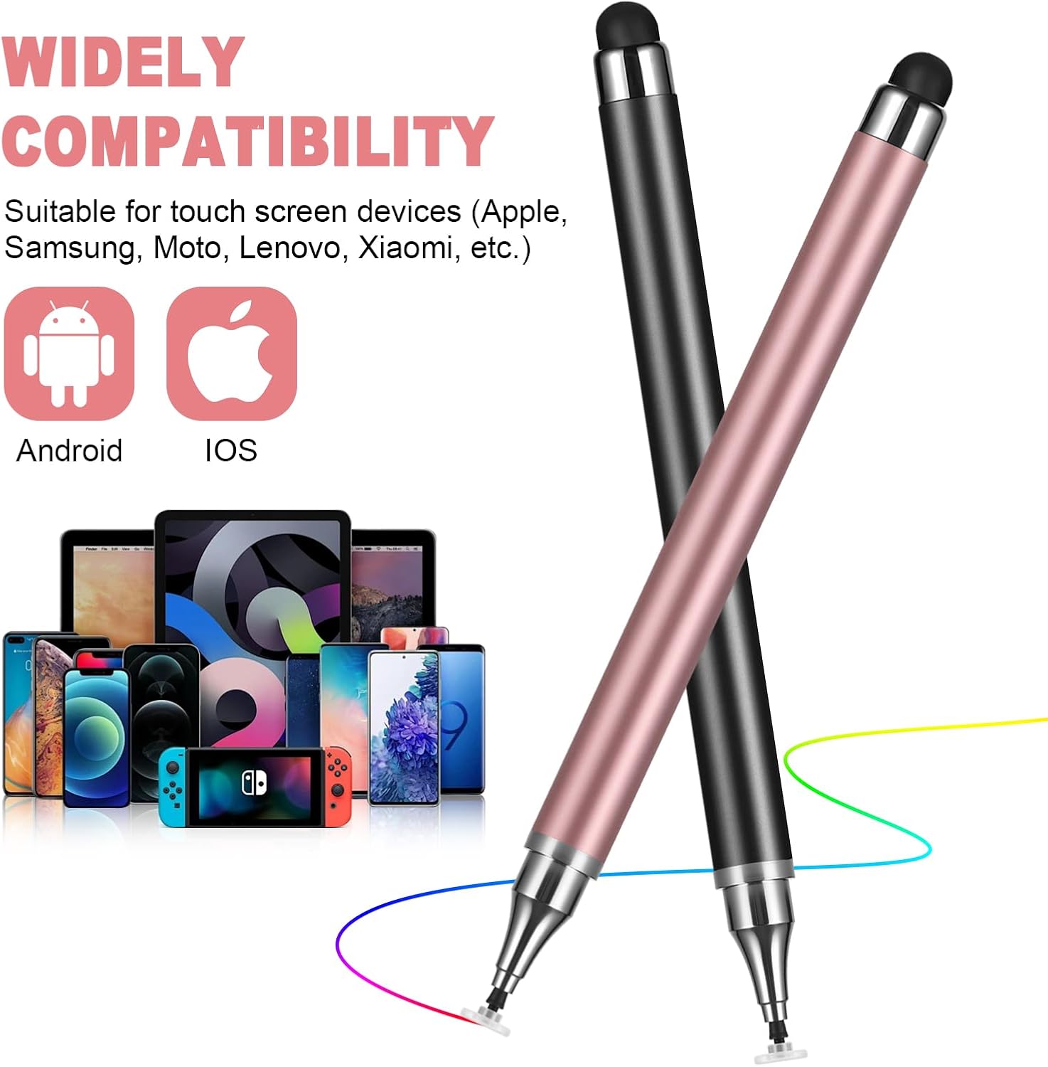 3-Pack Smooth Capacitive Stylus Pens, 2-in-1 Universal Smart Drawing Stylus with Precision Disc Tip for All Touchscreen Devices, Accessories Compatible with Android, iOS, Smartphone, Tablet - Ideal for Writing, Drawing