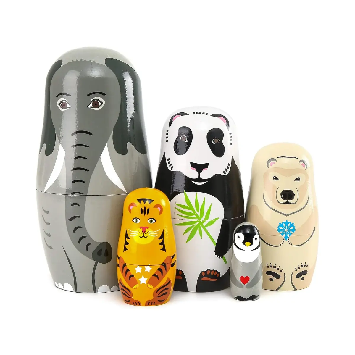 5 PCS Wooden Animal Nesting Dolls – Elephant Panda Matryoshka Set
