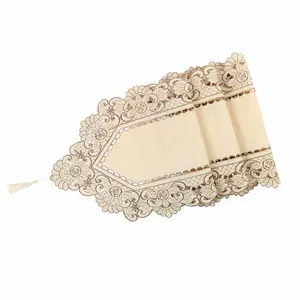 Unique Bargains Flowers Dining Table Runner Embroidered Tassel Floral Lace 15x59 Inches Light Beige Rose