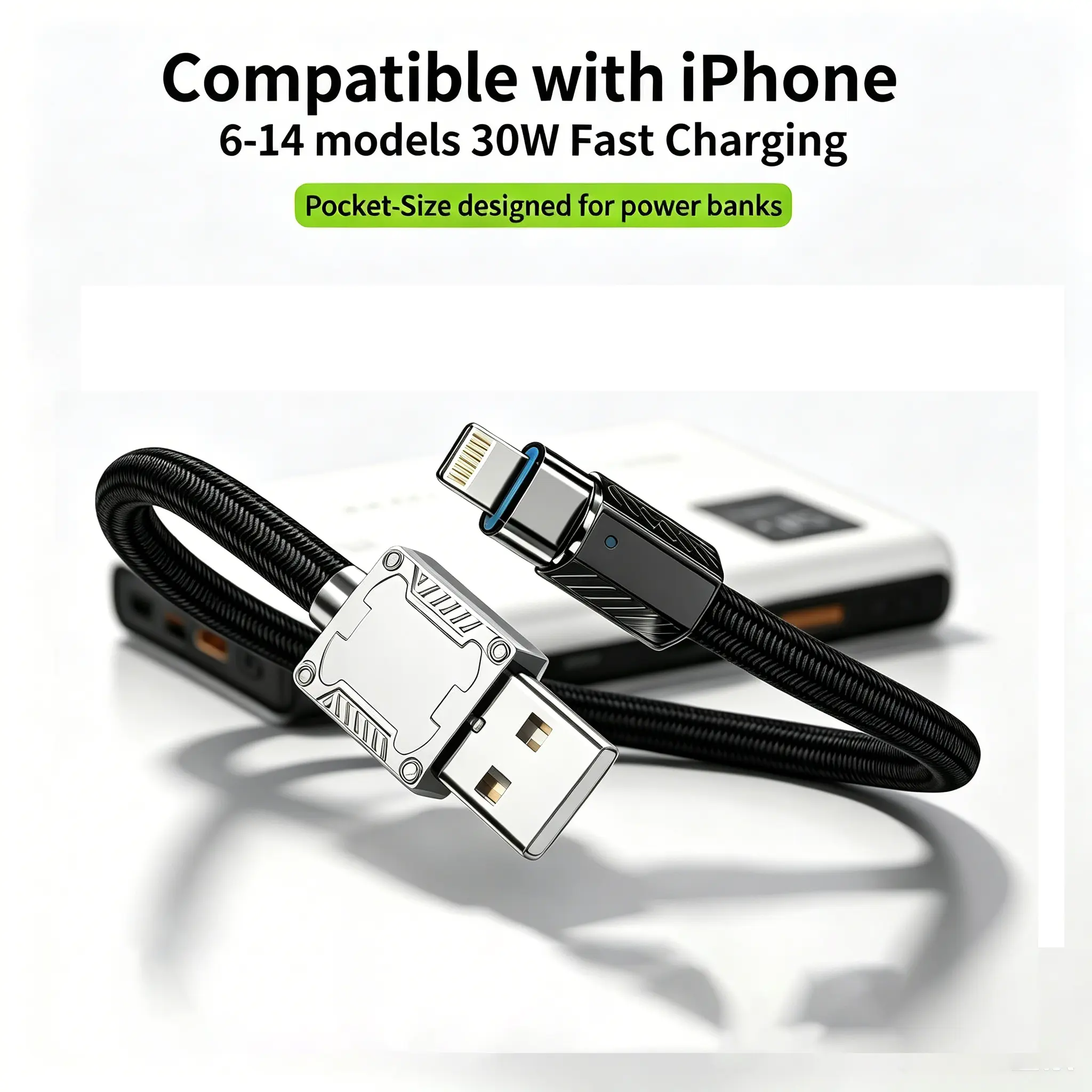 Kaxoe 10inch(25cm) Short cable for Power Bank,USB-A to Lightning cable,6-Core Tin Copper,Heavy Duty Extra Thick cable,30W Super Fast Charging Cable,Compatible with iPhone 6-14 pro max and plus,Metal Case Thick Braided Cord. tiktokshopbacktoschool