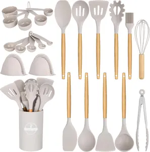 24 Pcs Silicone Kitchen Utensils Set | Heat Resistant 446°F | Non-Stick Wooden Handle Cooking Tools with Holder | Kitchen Gadgets & Accessories