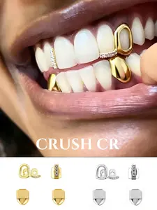 CRUSH CR 14/18K Gold Plated Grillz Set for Women, Teeth Cover Girls, Hypoallergenic Removable, Perfect for Hip Hop Concerts Club Nights Urban Street Style, Durable Tarnish-Resistant Plating Ideal Bling Dental Jewelry Tooth Gem