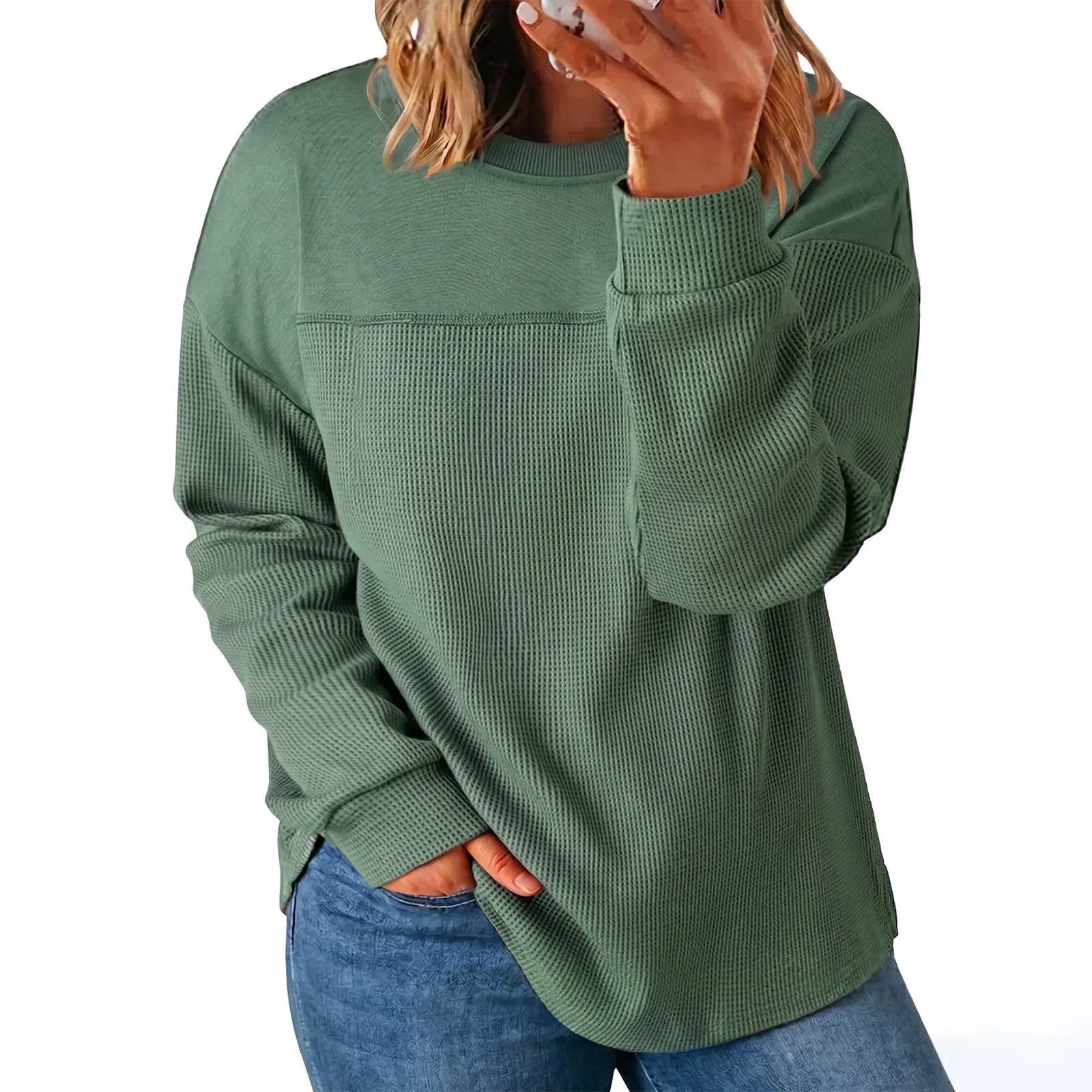 Eytino Womens Plus Size Sweatshirt Long Sleeve Crewneck Waffle Knit Casual Loose Fit Oversized Pullover Shirts Tops(1X-5X)