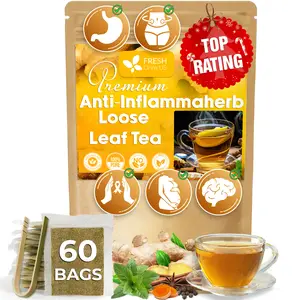 【FreshDrinkUS】 Anti-Inflammatea Loose Leaf Tea Bags with Ginger, Turmeric, Peppermint, Black Pepper, Cinnamon. Made with Natural Material Tea Bags. No Sugar, No Caffeine, No Gluten, Vegan. (60 Tea Bags)
