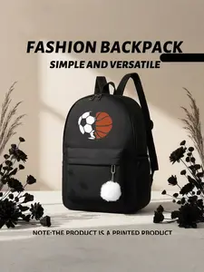 Football Basketball Print Backpack, Cat Design, Lightweight Nylon, Adjustable Straps, Zip Closure, Casual All-Season Bag