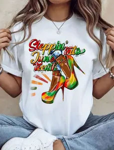 Juneteenth "Steppin' Into" High Heels Graphic Tee, 100% Cotton, Black Pride Casual Summer T-Shirt