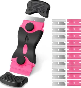 Pink 2-in-1 Dual-Blade Surface Scraper Tool Kit – 20 Blades Included(10 Silicone + 10 Stainless Steel) Multi-Purpose Non-Scratch Remover for Stickers, Paint, Caulk on Glass Cooktops, Windows, Auto Detailing & Arts