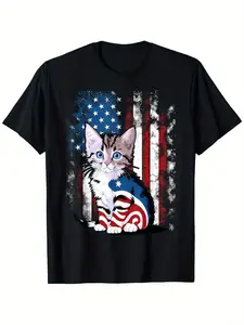 Memorial Day Cat Funny Kitten 4th of July Patriotic Usa Flag T-Shirt100% Cotton Round Neck T-shirt Halloween Thanksgiving Christmas Gift for Men Women Family Friends, Valentines Day Gifts for Boyfriend Girlfriend, S-XXXL