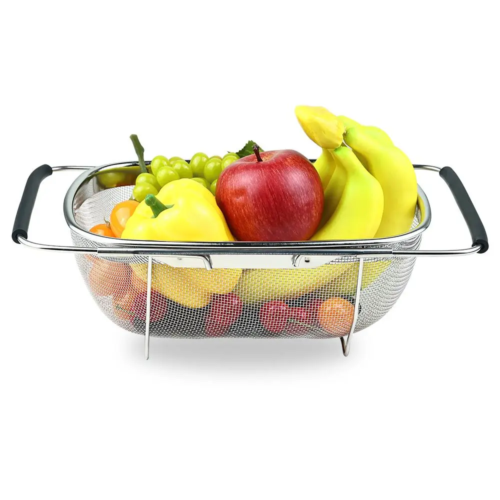 Expandable Stainless Steel Over the Sink Colander, Fine Mesh Strainer Basket with Adjustable Non-Slip Handles, Kitchen Food Drainer for Vegetables Fruit Pasta