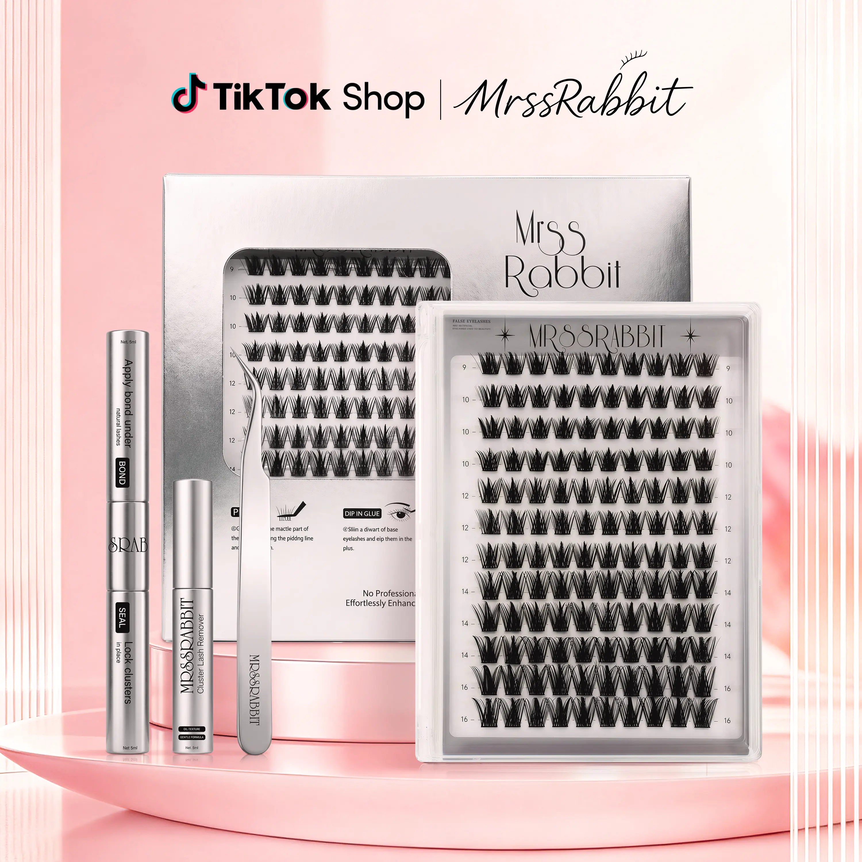 Rabbit Baby Doll eyelash and complete lash set, mixed lengths 9–16 mm, no in-store extension skills needed; fluffy D curl dynamic single cluster extensions; easy at-home makeup application—set includes adhesive fixing glue, lash remover, and extension twe