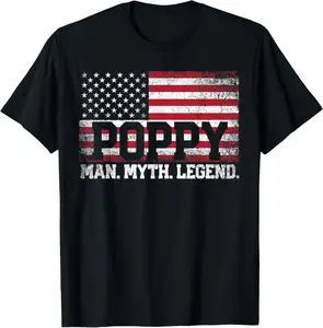 Poppy The Man Myth Legend American Flag Father's Day T-Shirt Pure Cotton Graphic Tees Menswear Top: Gifts for Men & Women