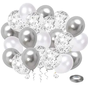 50 Pcs White Silver Confetti Latex Balloons, 12" Metallic Chrome for Wedding, Birthday Decoration