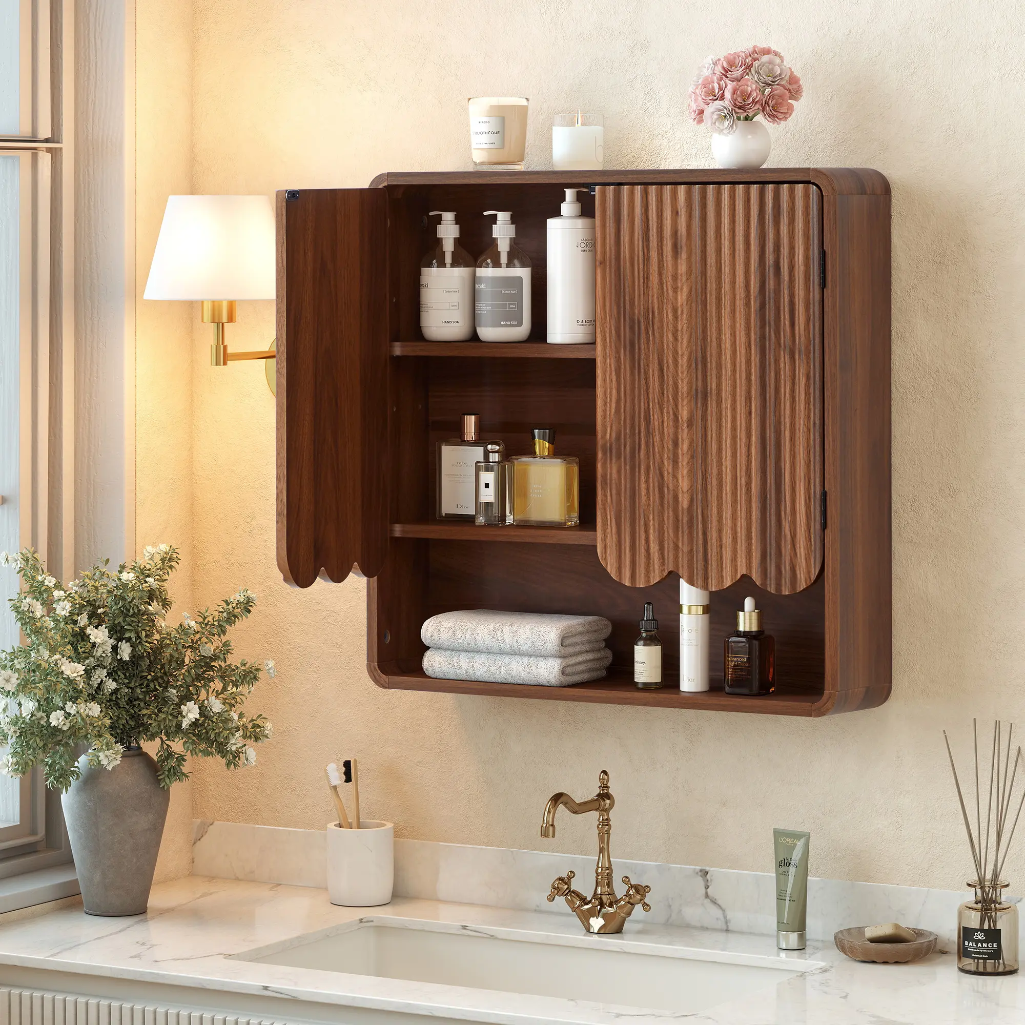 Giratree Fluted Bathroom Wall Cabinet, Wooden Bathroom Organizers, Over The Toilet Storage Cabinet with Adjustable Shelf, Medicine Cabinets Wall Mounted for Bathroom, Laundry Room