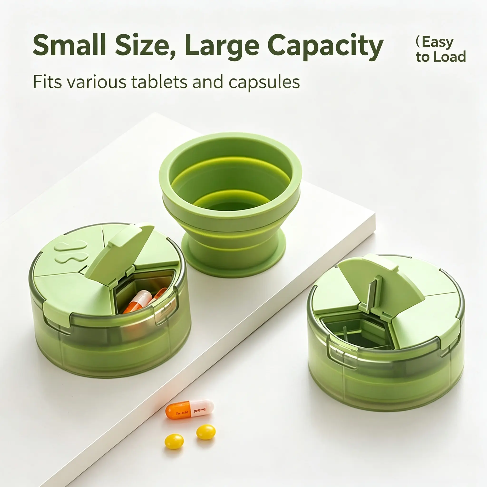2-in-1 Travel Pill Box Water Cup Portable Medicine Container, Green | Pocket & Purse Friendly, Travel Business Trip Use, Holds Vitamins Fish Oil Supplements, Compact Dual-Purpose Design