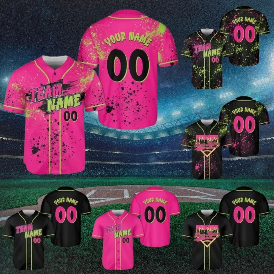 Custom Neon Splatter Baseball Jersey Personalized Name Number Softball Uniform, Personalized Neon Splatter Baseball Jersey Custom Team Name Game Day Shirt