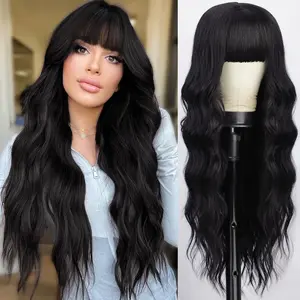 AISI HAIR Wig with Bangs Long Black Wavy Wigs for Women Synthetic Wigs Natural Black Curly Hair Wig for Girls Daily Party Use Realistic Illusion Hairline Machine Made Wig Stylist Friendly Wig,summerwins