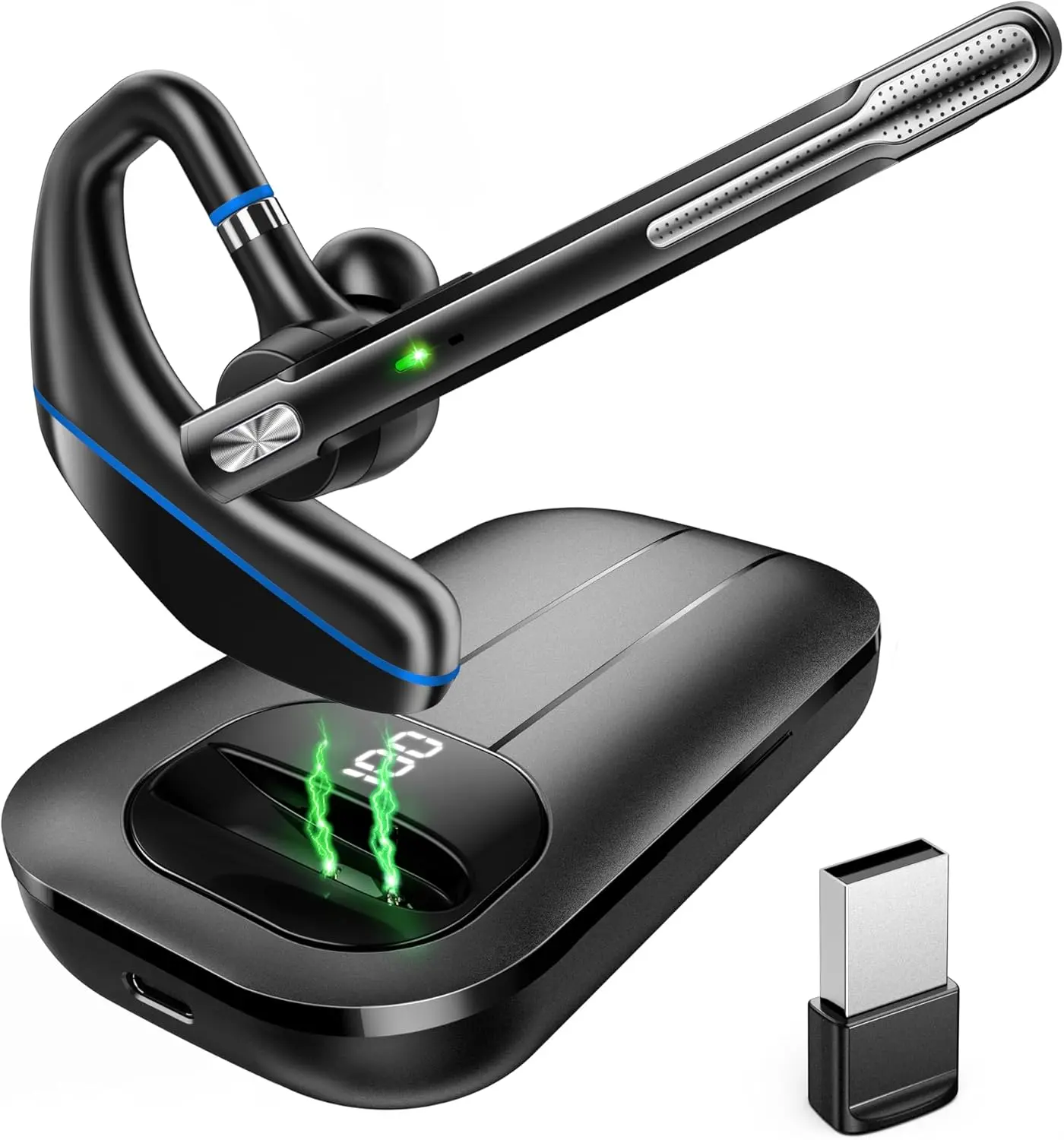 Headset V5.3,  Earpiece with 1000mAh  Case, 96H Talktime, Hands Free Noise Canceling Headphones with Dual-Mic for Computer Cell Phones Trucker  Work (Blue)
